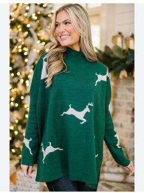 Women's Green Holiday Reindeer Knit Sweater Tunic